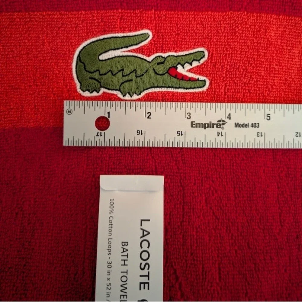 Lacoste Bath Towel Red 30x52 Large Crocodile Logo 100% Cotton w/ Hanging Loop